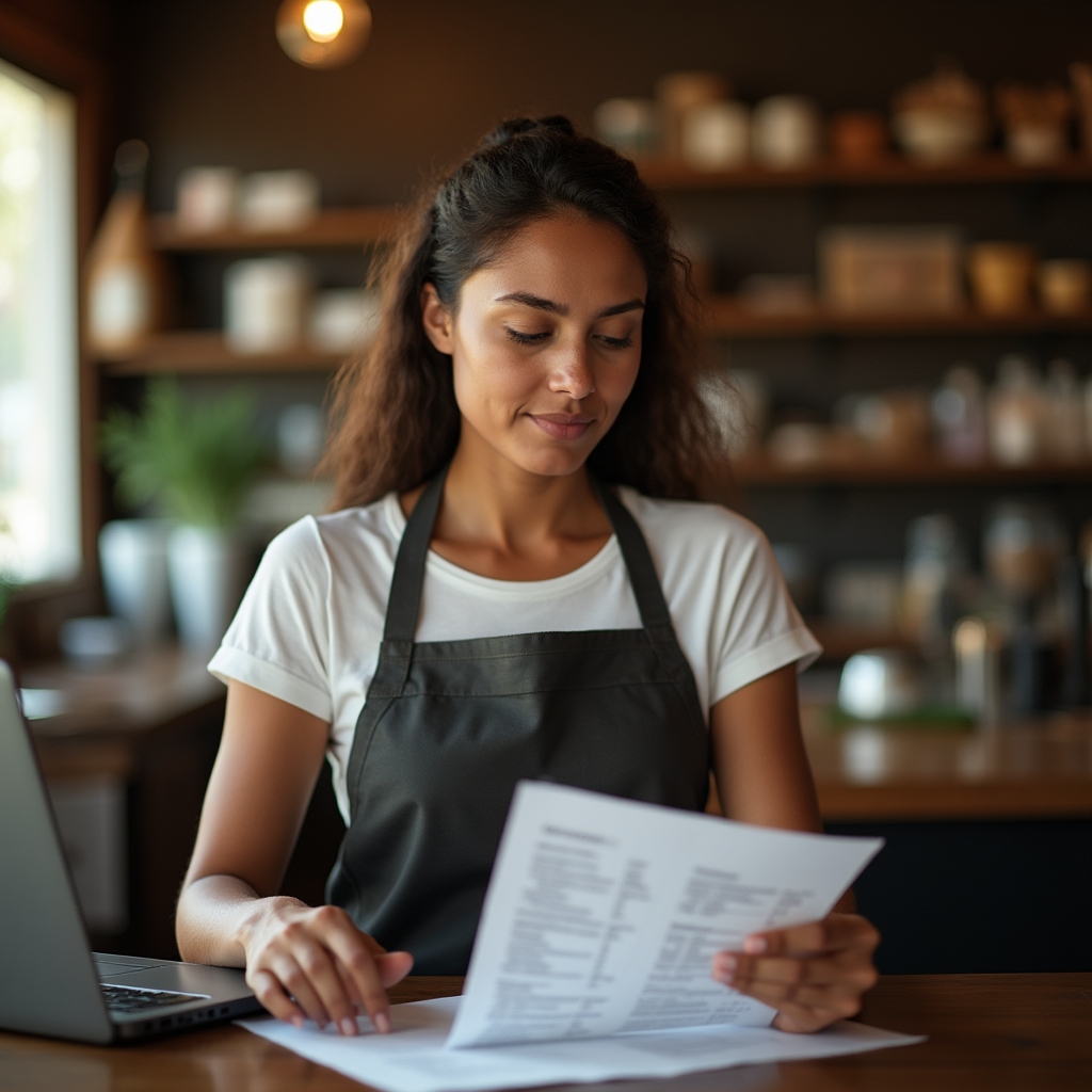 Rural shop owner reviewing a printed customer contact list beside an open laptop