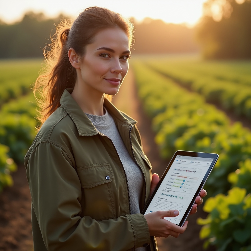 Small-scale farmer reviewing a simple digital tracking sheet on a tablet at the edge of a field