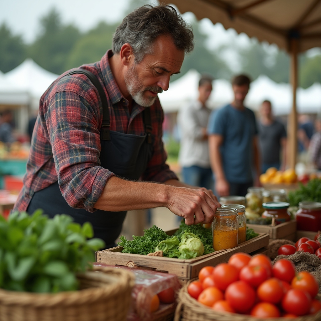 Wide shot of a small farmer arranging a direct sales stall of vegetables and preserves at an outdoor market