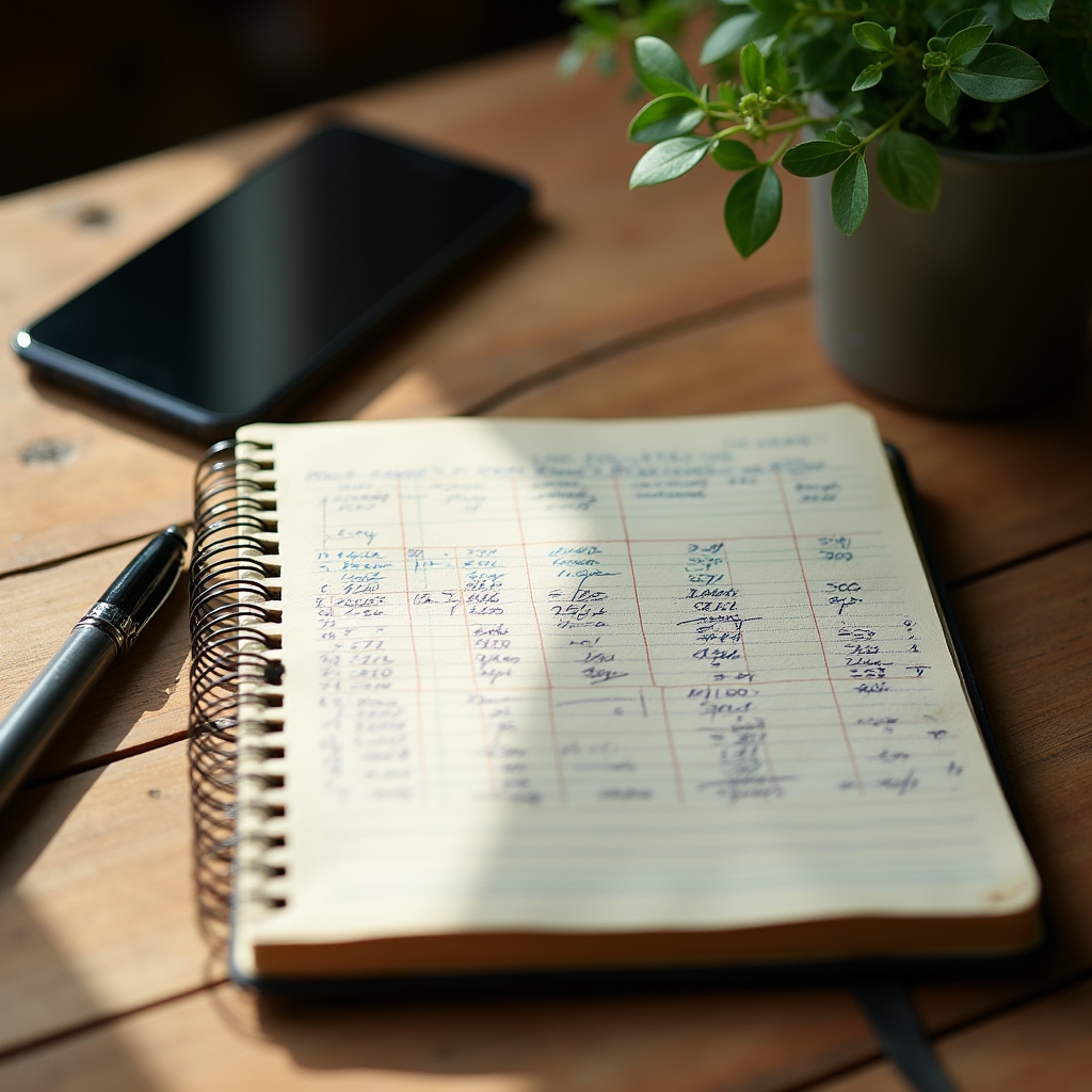 Close-up of a handwritten farm production notebook next to a phone showing a simple tracking spreadsheet